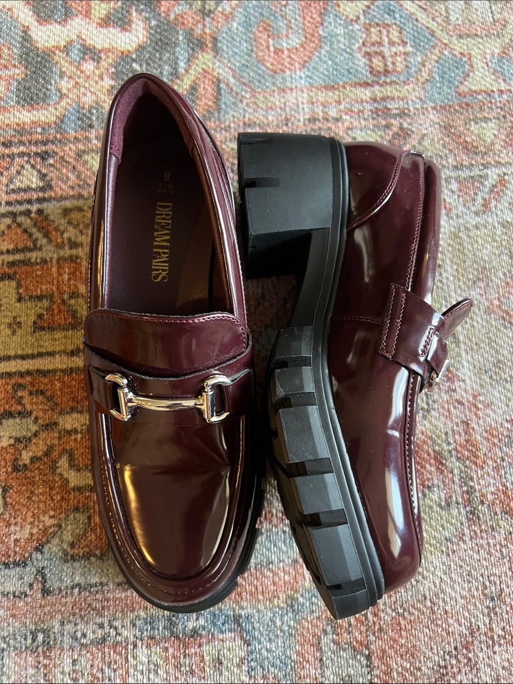 Dream Pairs Glossy Burgundy Patent Loafers with Lug Sole